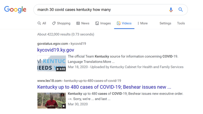 Google search for march 30 covid cases kentucky how many