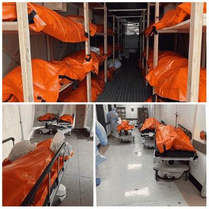 Photos of body bags lining hallways