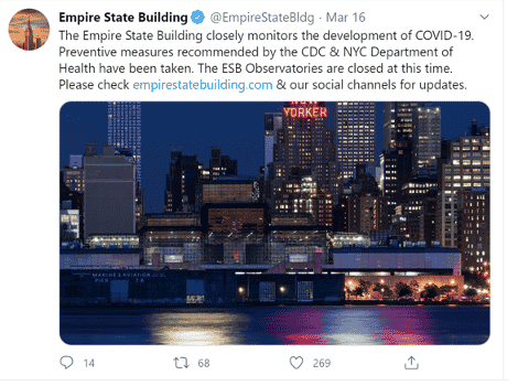 Tweet from Empire State Building about monitoring COVID-19 and that the ovservatories are closed