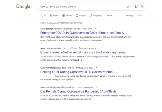 Google search for how to rent a car during corona