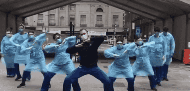 Photo of medical workers dancing
