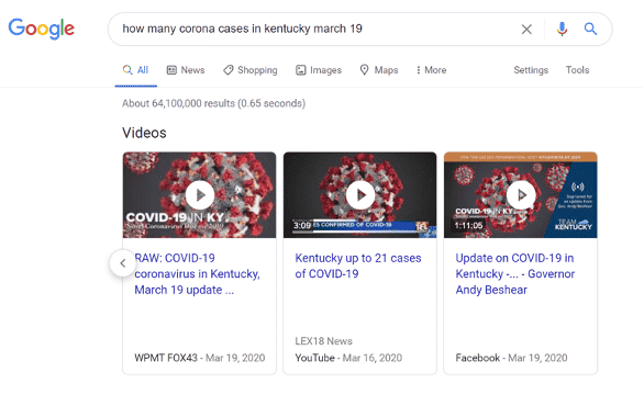 Google search for how many corona cases in kentucky march 19