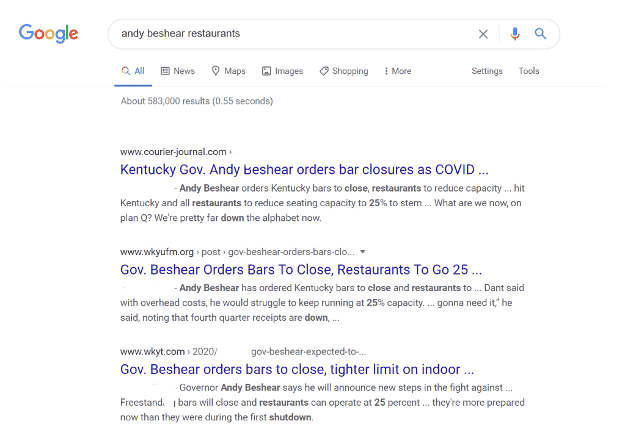 Google search for andy beshear restaurants