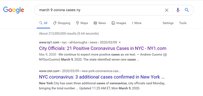 Shows a Google search page for march 9 corona cases ny